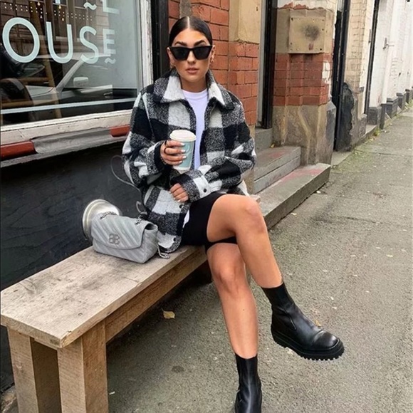 Jackets & Blazers - Boyfriend Fit Plaid Jacket Coat Black White